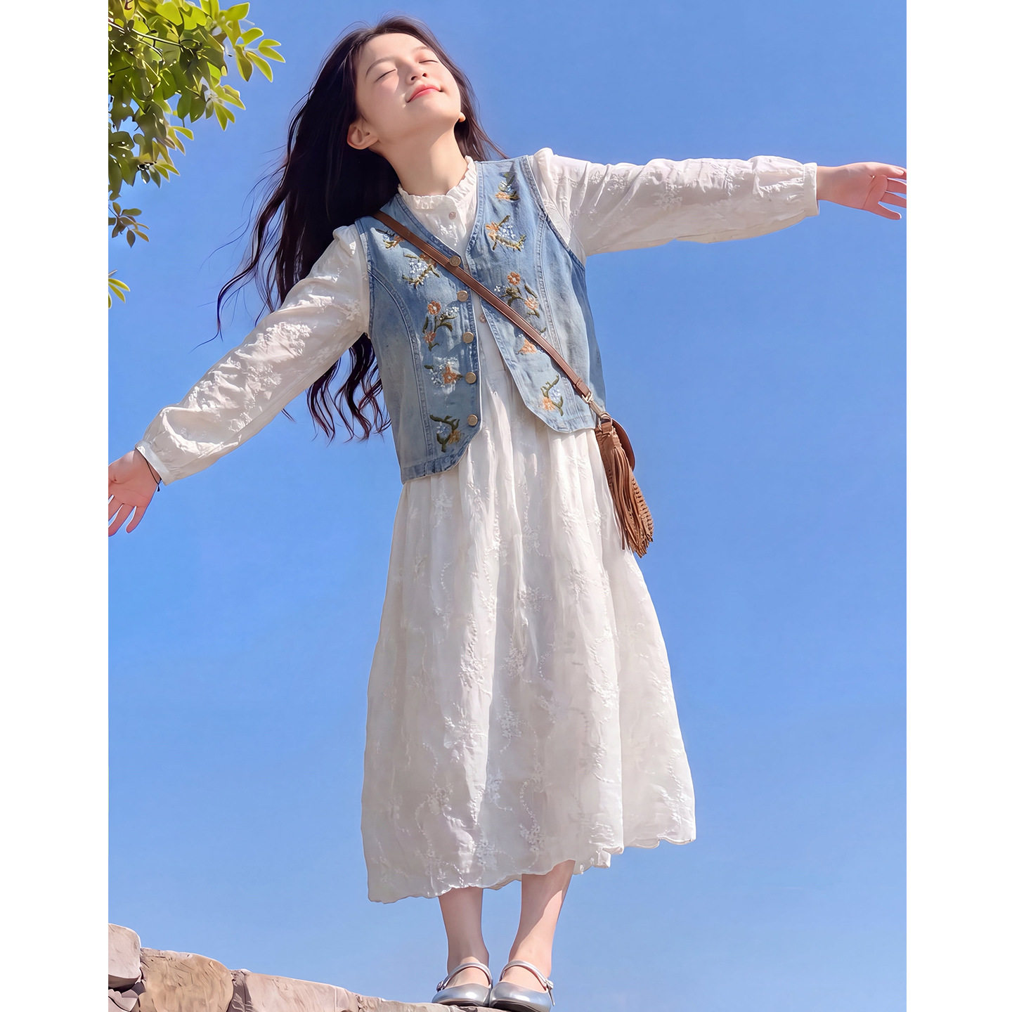 女童春秋法式碎花马甲公主裙新款