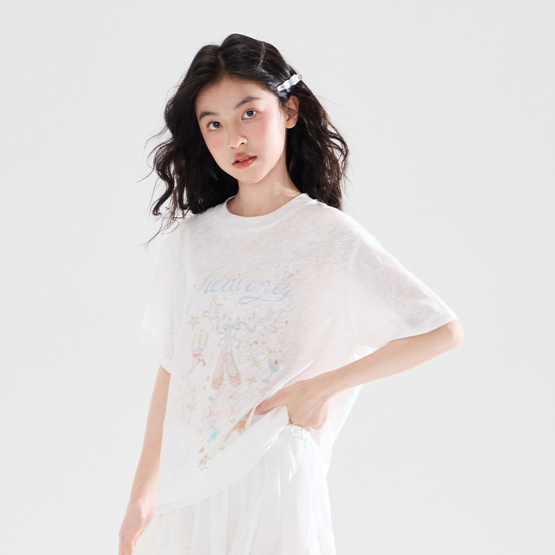 周大雨女童甜系芭蕾彩绘印花t恤2026夏装新款儿童宽松薄款短袖上