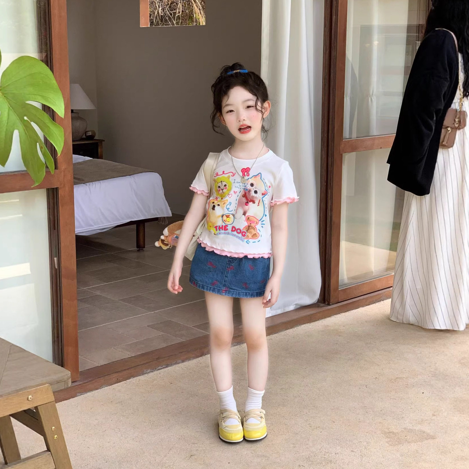 童装女童短袖假两件印花T恤夏季女宝宝卡通上衣牛仔短裙套装洋气