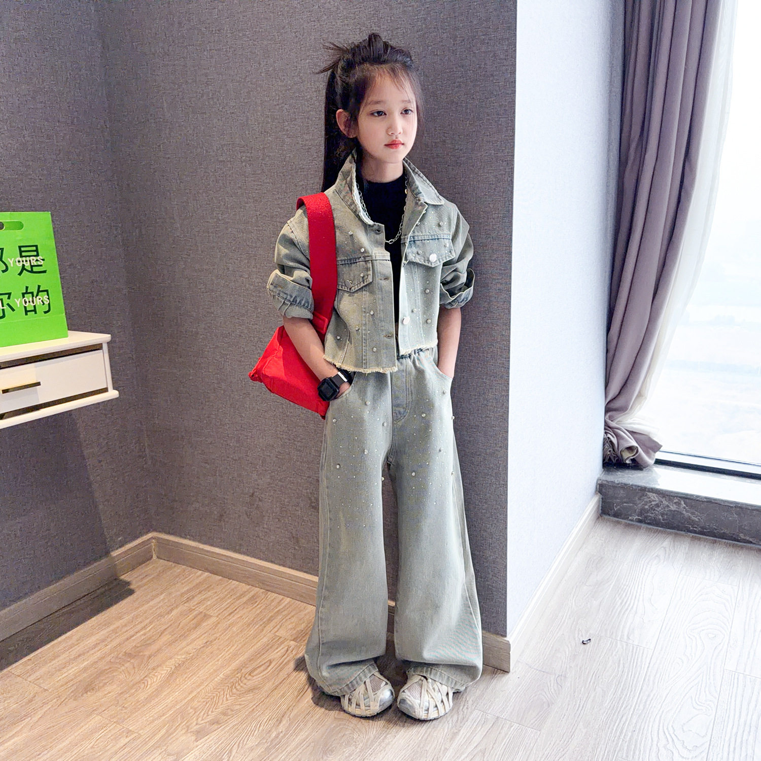 女童复古牛仔套装2026春装新款洋气短款外套女孩直筒阔腿裤两件套