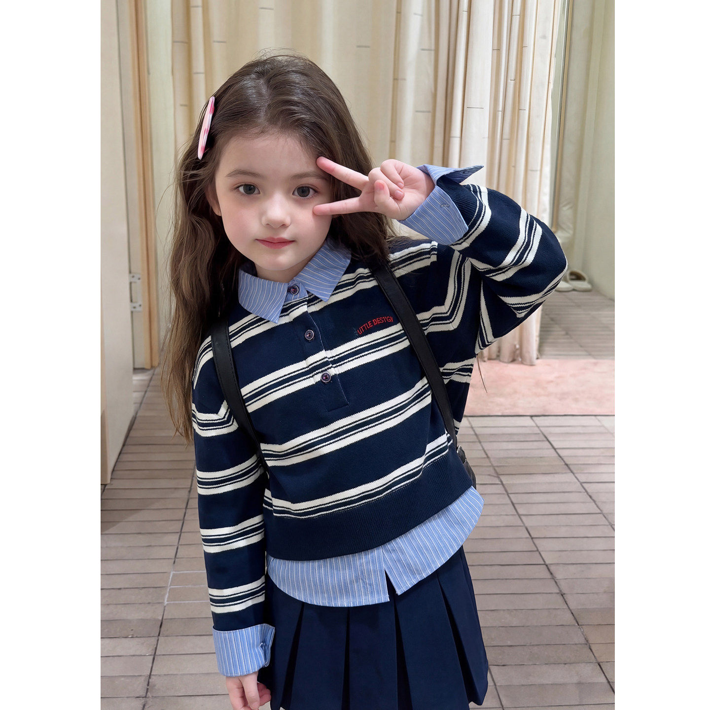 女童假两件条纹卫衣2026春款中小童复古学院风免叠穿软糯亲肤上衣