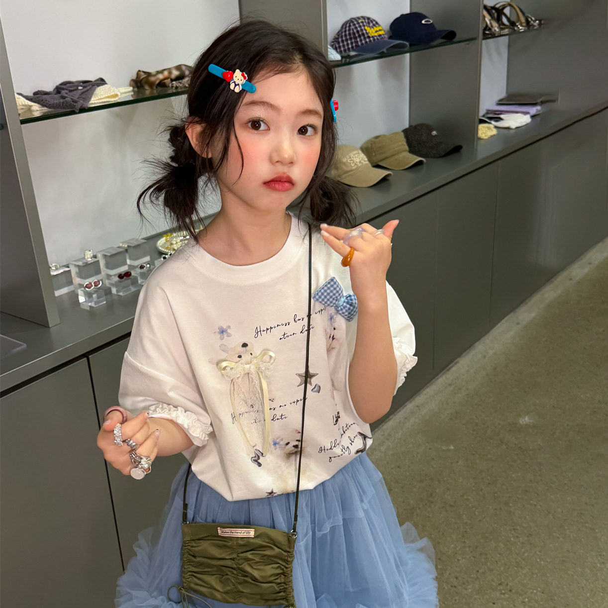 花与寻童装女童T恤2026年夏季新款韩版蝴蝶结短袖甜美百搭少女风