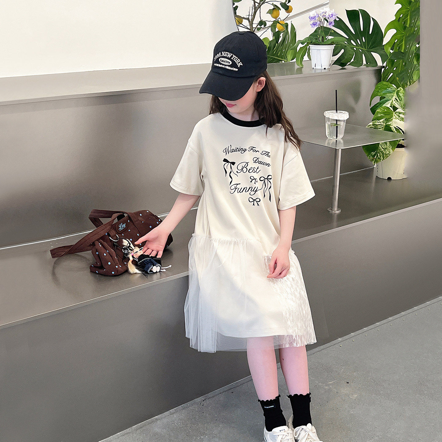 女童蕾丝纱网拼接T恤长裙子儿童洋气短袖连衣裙大童2026夏装新款