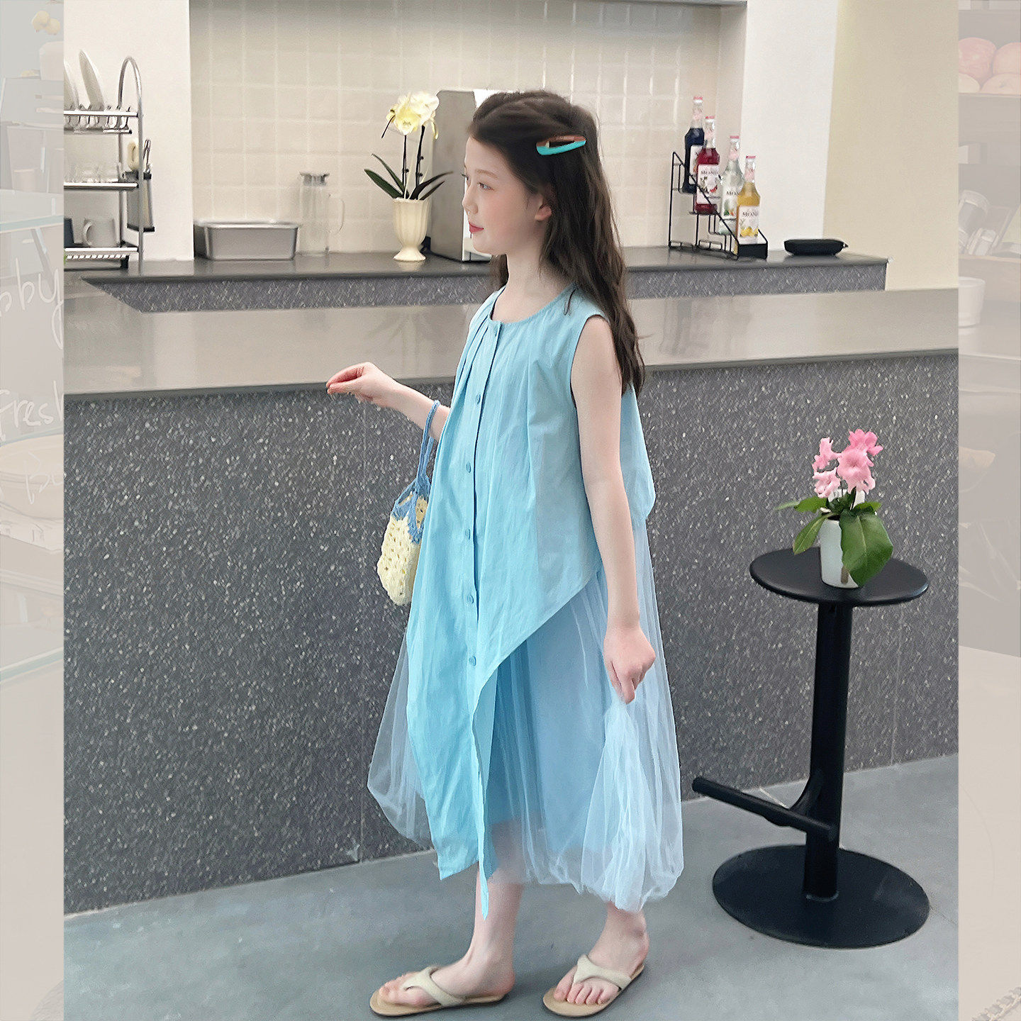 女童蕾丝网纱拼接长裙子大儿童洋气宽松连衣裙背心裙2026夏装新款