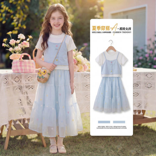 套装女童2026新款夏女大童夏季假两件短袖儿童女孩蓝色半身裙夏装