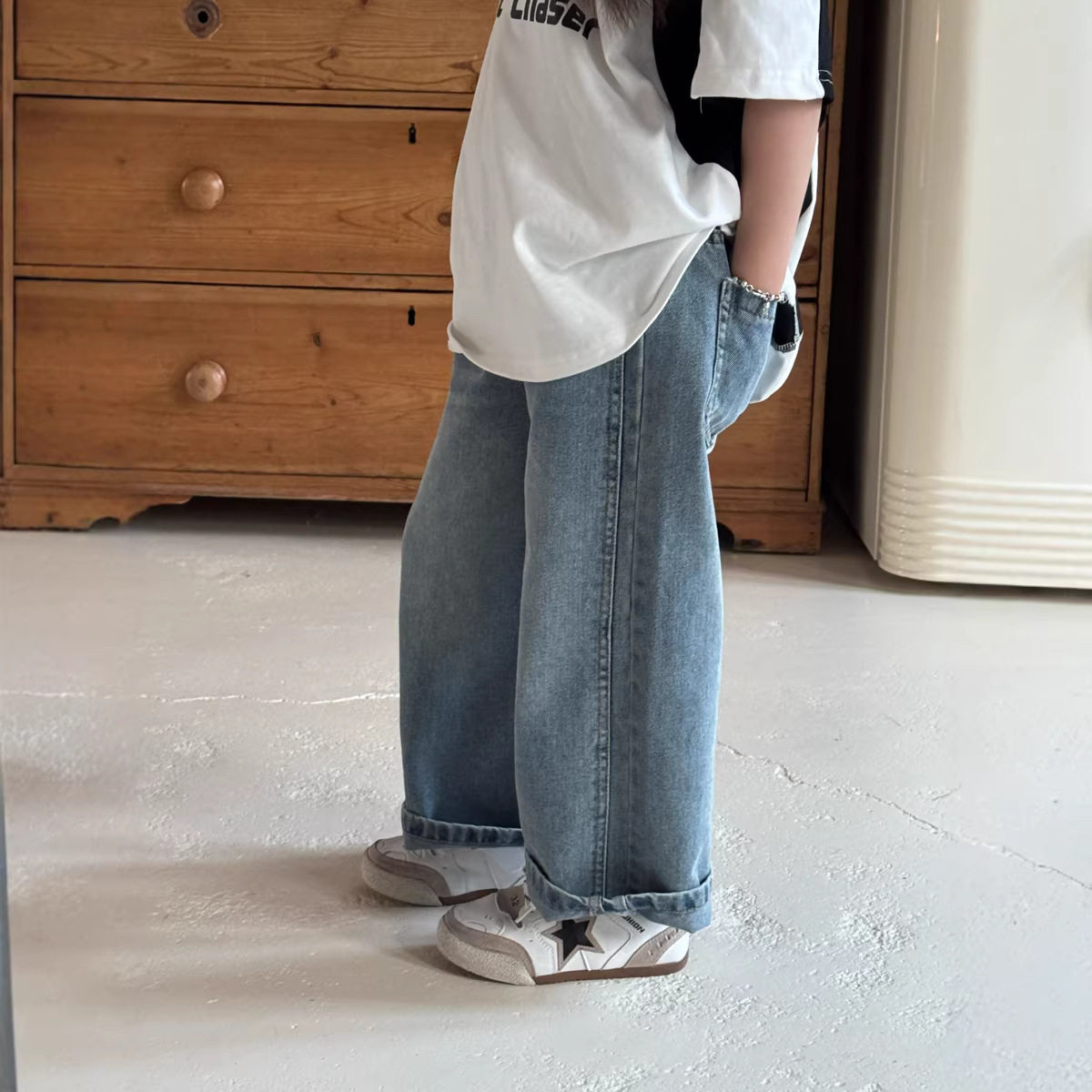 女大童2026女童新款春夏新款美式复古做旧牛仔裤男女童阔腿休闲裤