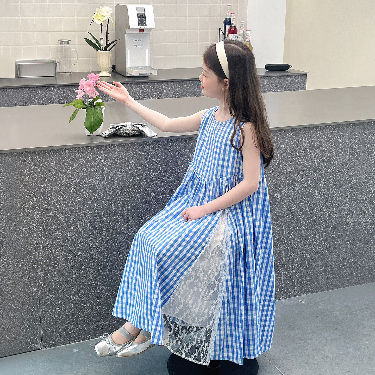 儿童拼接格子长裙女童洋气背心裙大童蕾丝连衣裙女孩2026夏装新款