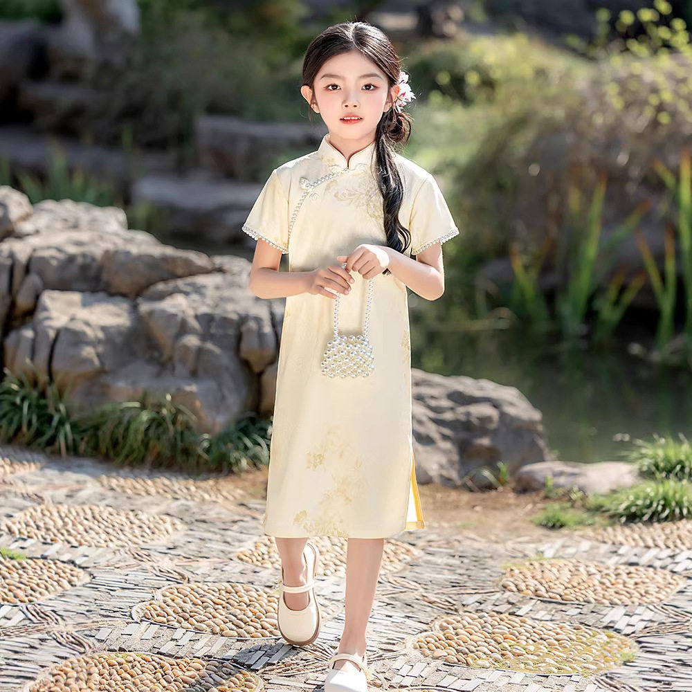 女童米白珍珠旗袍新中式儿童温柔国风改良连衣裙夏季新款唐装裙子
