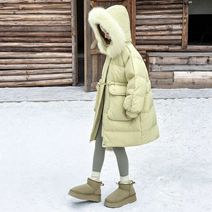 女童毛领羽绒服加厚冬2025新款中大童白鸭绒连帽外套中长款防寒服