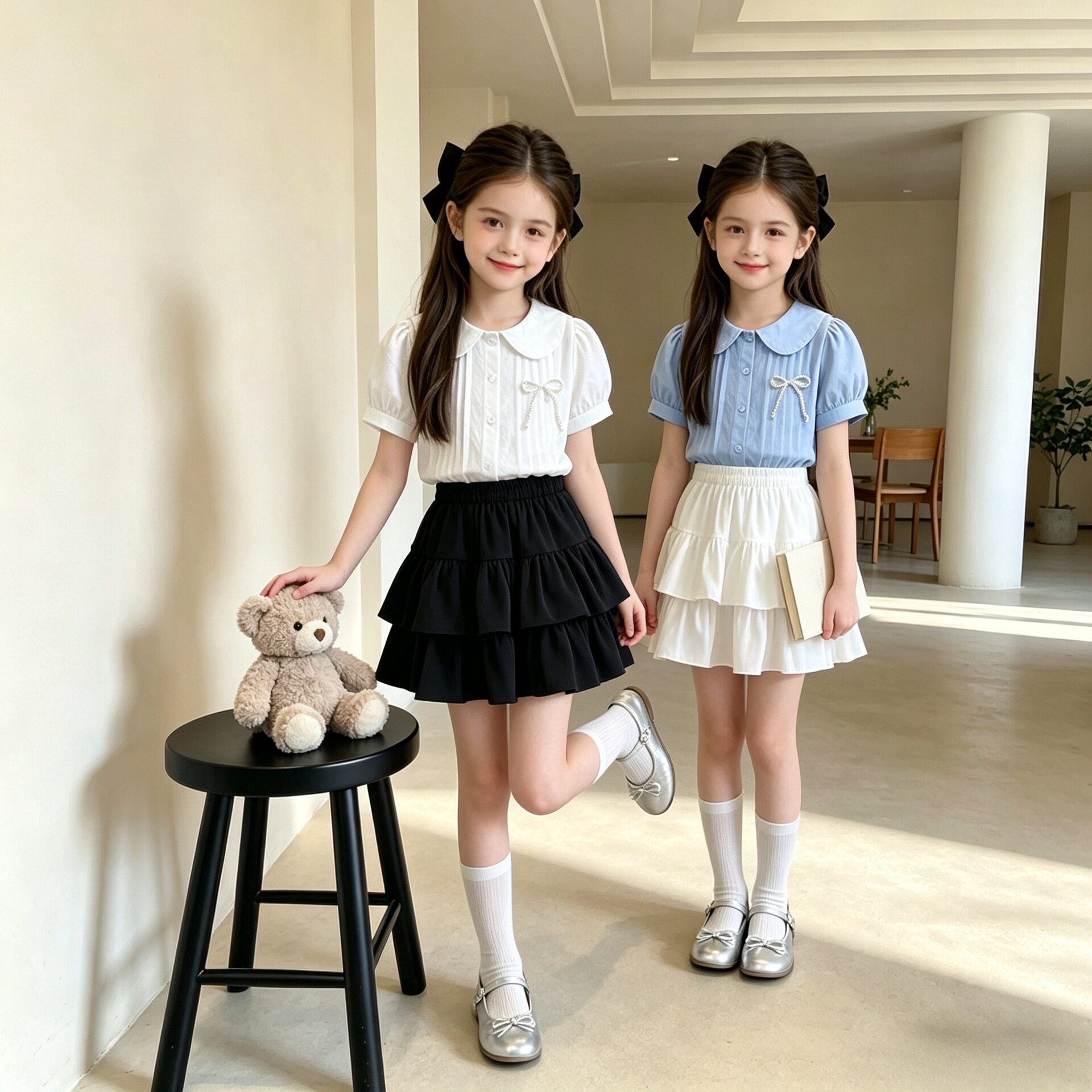 女童半身裙衬衫校服套装中大童儿童短裙装学院风纯色衬衣两件套