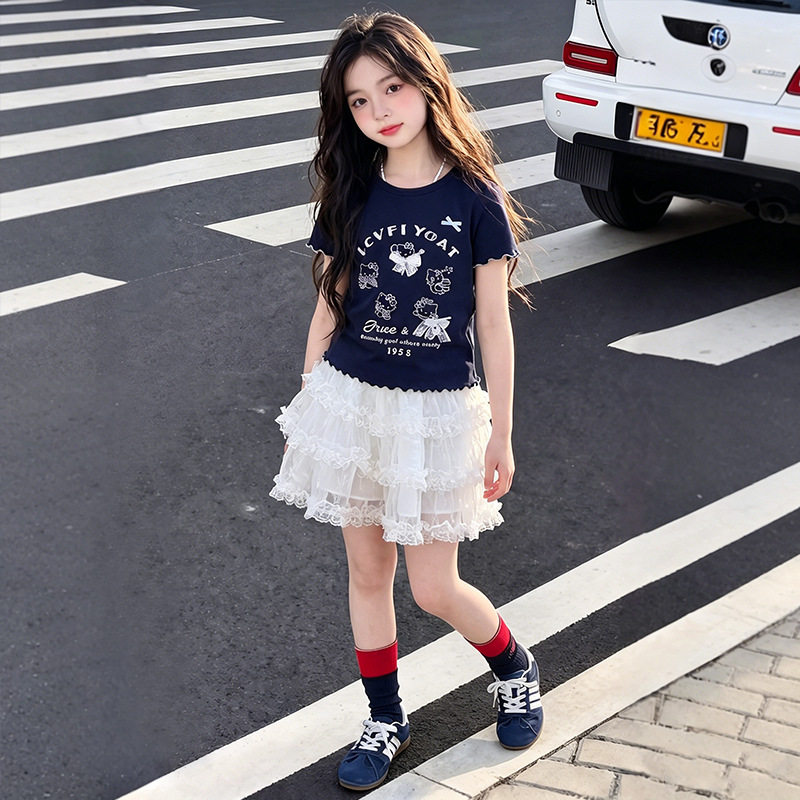 女童夏套装2026新款儿童时髦韩版网纱半身裙两件套女孩夏装衣服潮