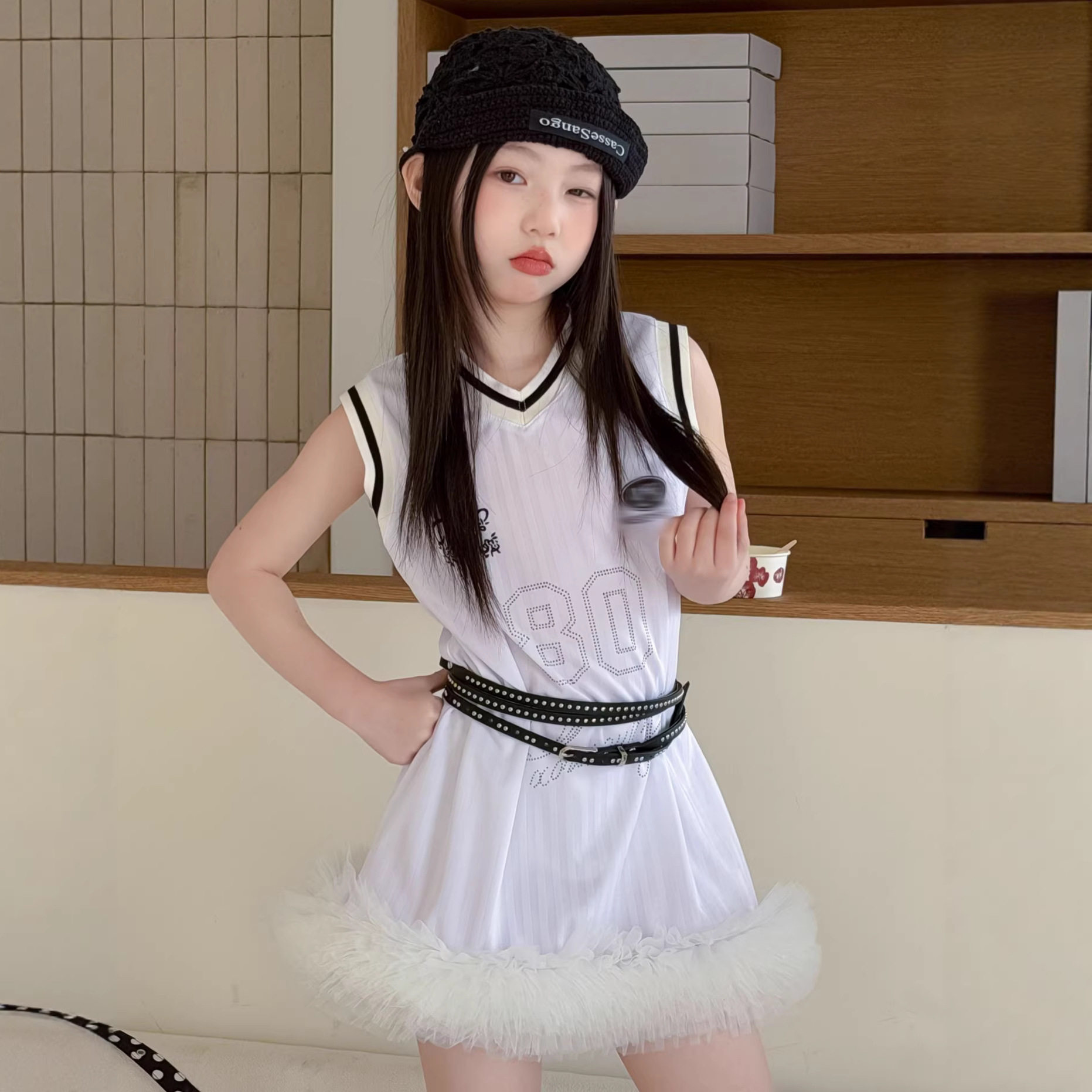 女童美式复古甜酷风背心裙2026夏新款女宝辣妹风网纱拼接A字短裙