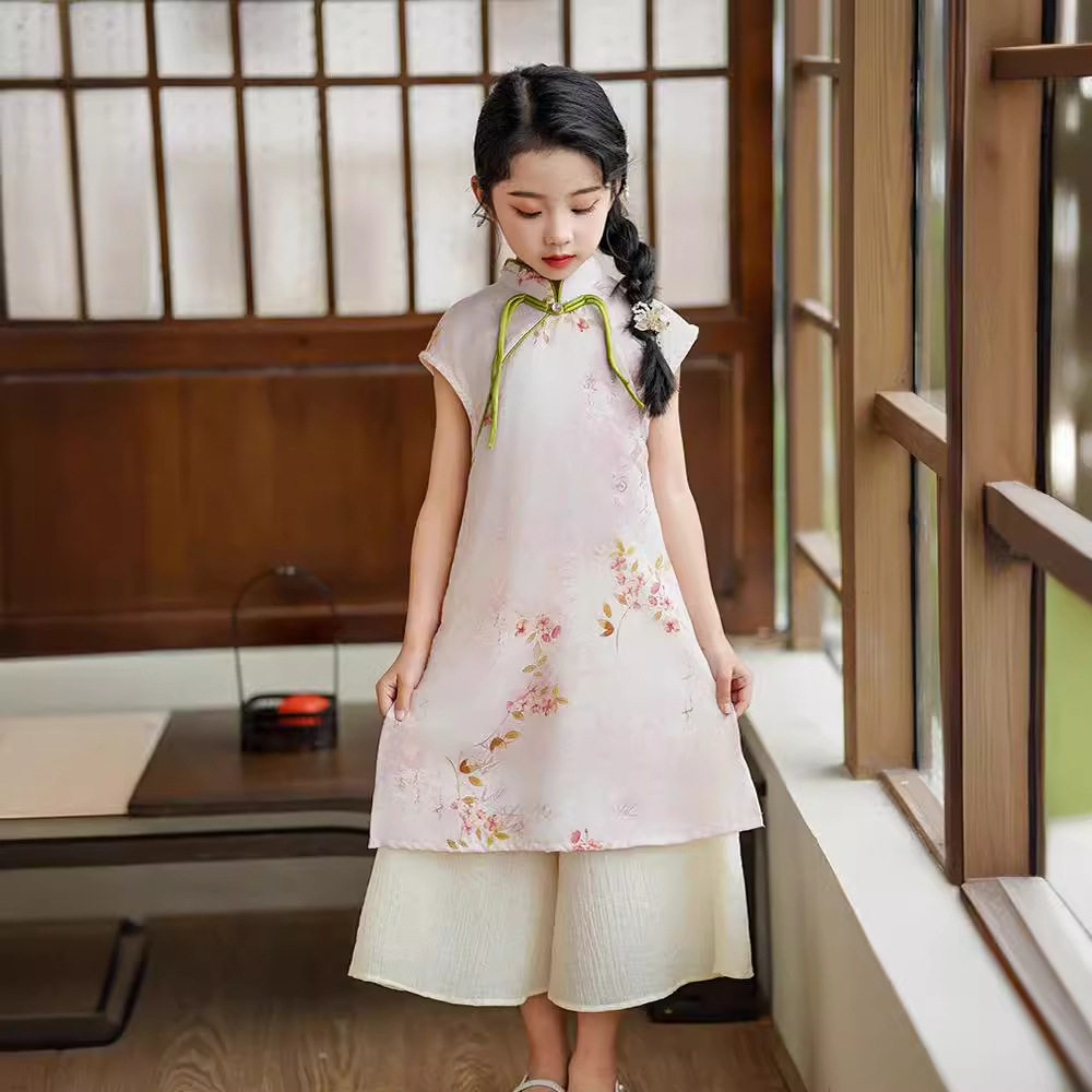旗袍女童夏季薄款中国风儿童改良中式连衣裙套装小女孩古筝演出服