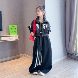 女童2026春装新款美式工装阔腿弯刀裤儿童洋气短款牛仔外套两件套