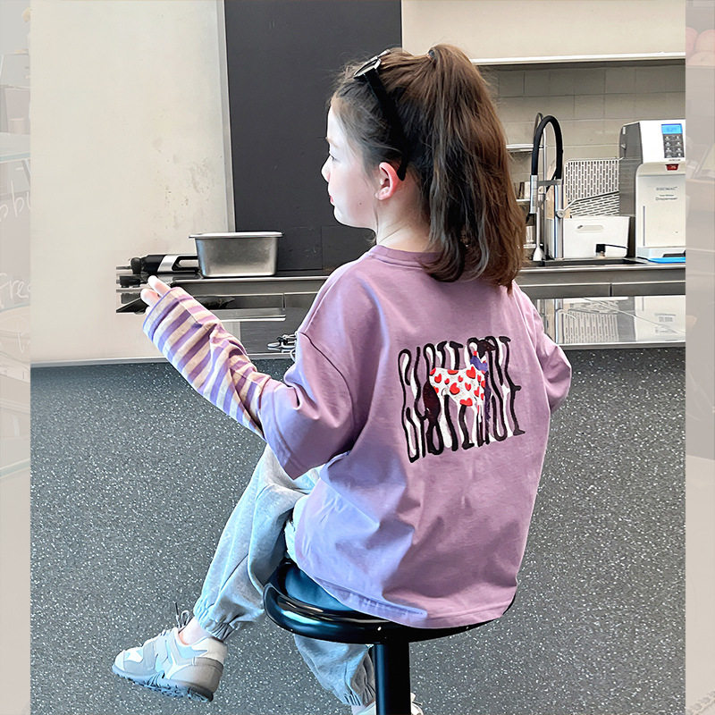 大童装条纹假两件t恤儿童长袖打底衫洋气上衣女童2026春秋装新款