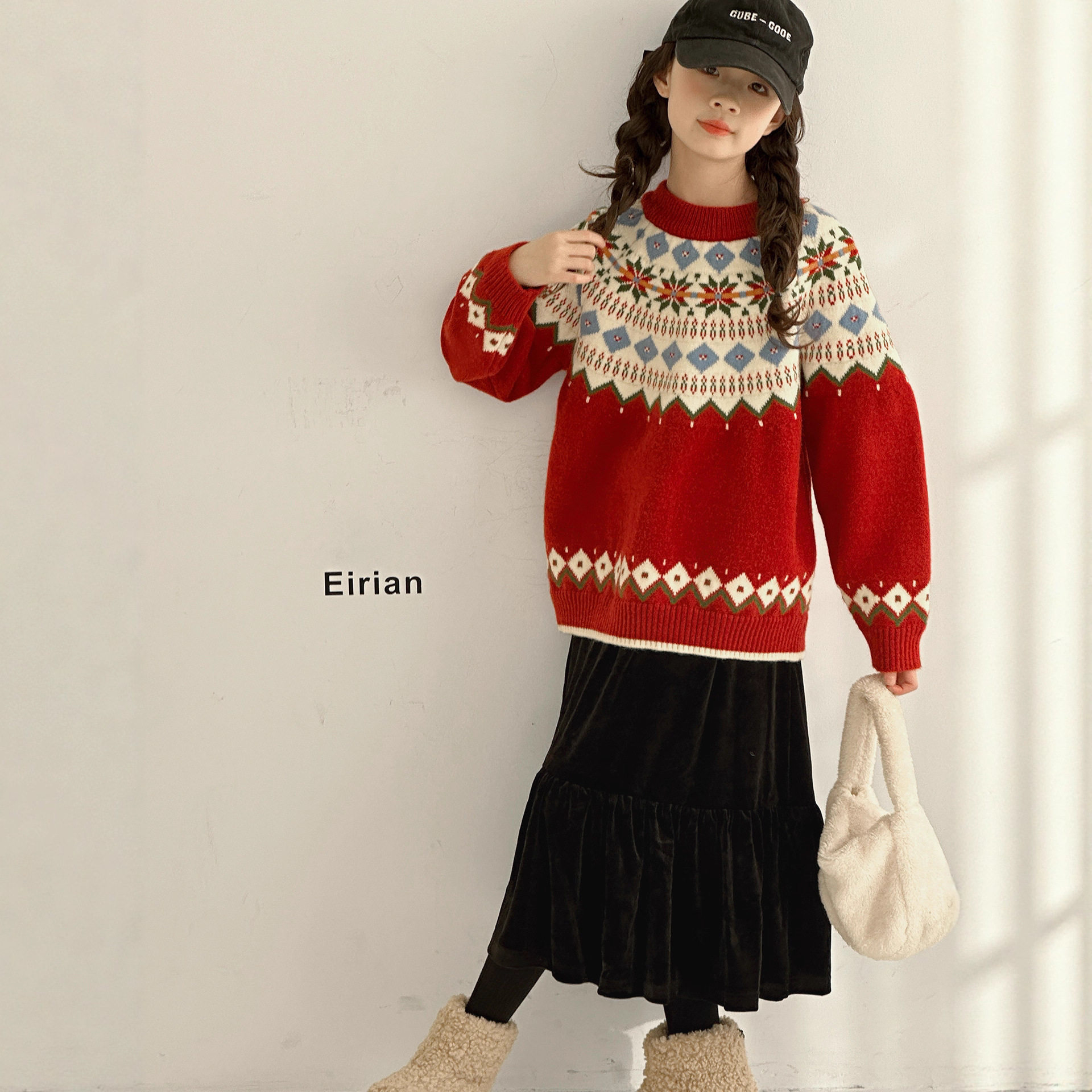 复古费尔岛提花宽松女童毛衣秋冬新款韩版慵懒高级感百搭针织打底