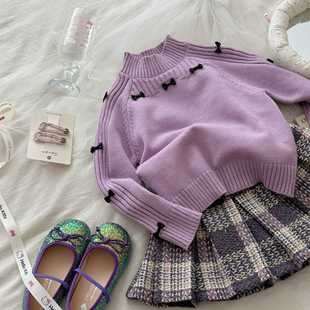 2025加厚女大童保暖女童紫色毛衣洋气百褶裙子粗呢格子裙套装