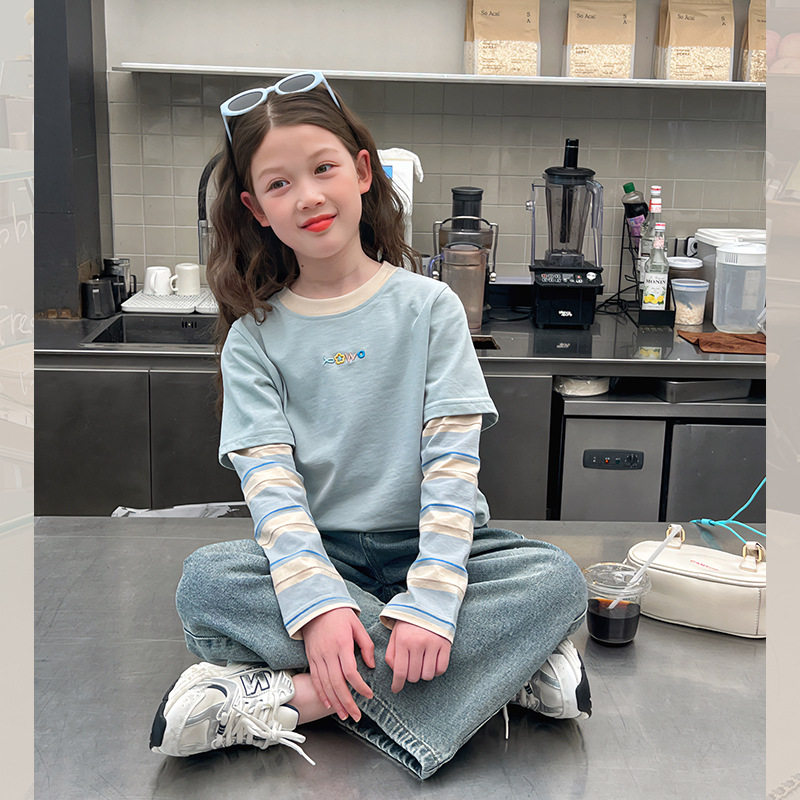 女童假两件洋气t恤儿童短款网红长袖打底衫中大童装2025春装新款