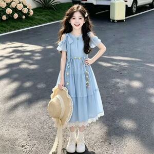 女童甜美可爱花边蝴蝶结连衣裙少女2026新款初高中生露肩袖长裙夏