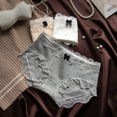 2025新款女生甜美复古蕾丝边舒适纯棉中低腰三角内裤女蝴蝶结圆点