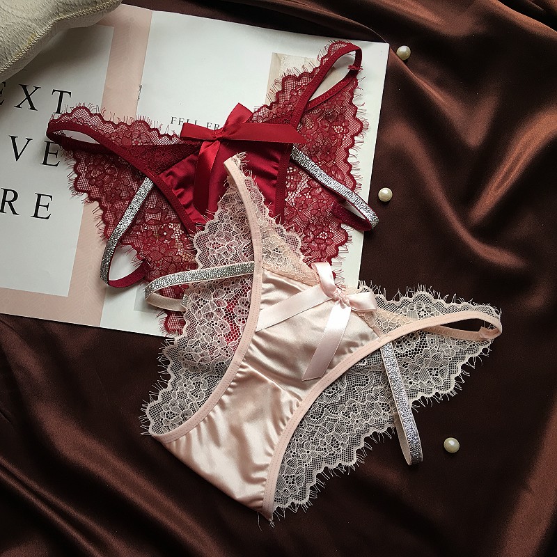 新品后蕾丝低腰三角内裤女 前丝滑缎面蝴蝶结性感透明