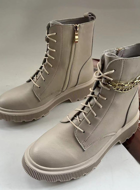 36码天美~Y 粗跟小牛皮白色百搭舒适马丁靴帅气链条短靴8孔女皮靴