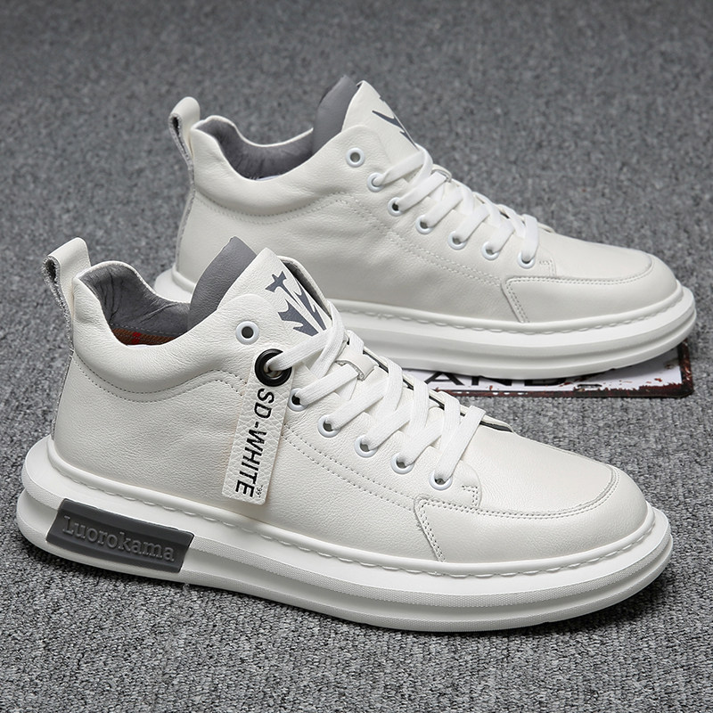 潮牌真皮小白鞋男2025春秋新款韩版潮流百搭休闲运动透气高帮板鞋,流行男鞋,高帮鞋,淘宝优惠券,粉丝福利购,淘宝优惠卷