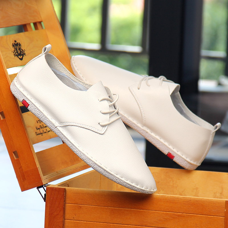 潮牌夏季单层皮透气小白鞋纯皮百搭休闲平底系带真皮软面软底男鞋