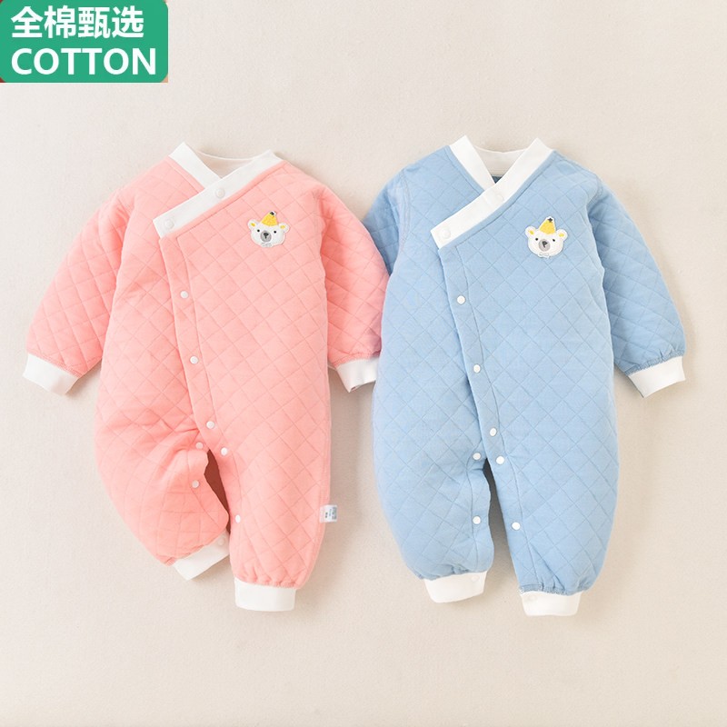 全棉婴儿衣服秋冬三层夹棉连身衣宝宝保暖护肚哈衣无骨纯棉空气棉