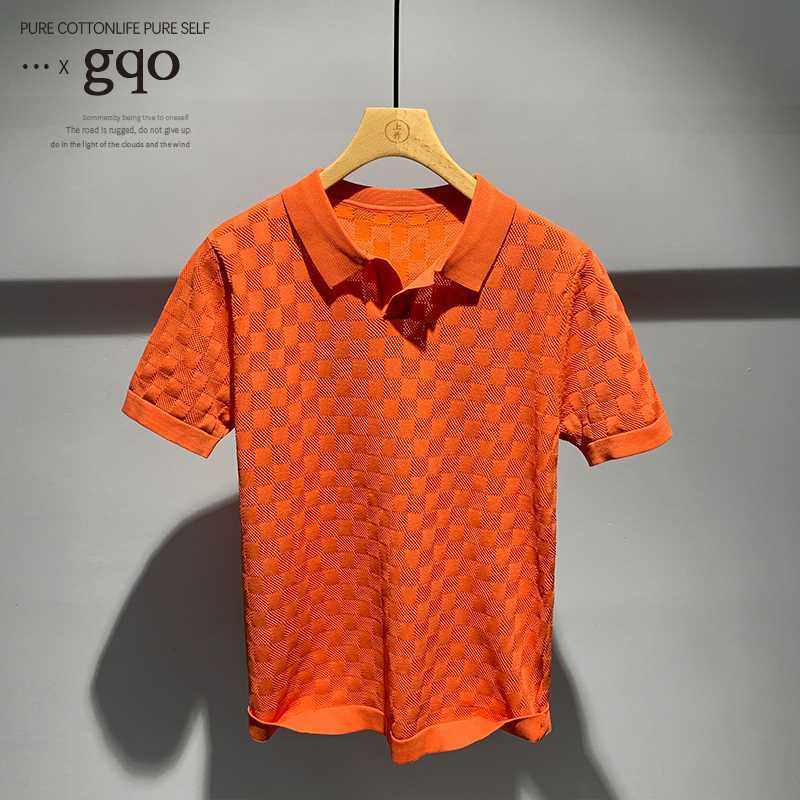 GQO气质华夫格POLO衫男夏季修身V领男士针织短袖T恤薄款透气弹力