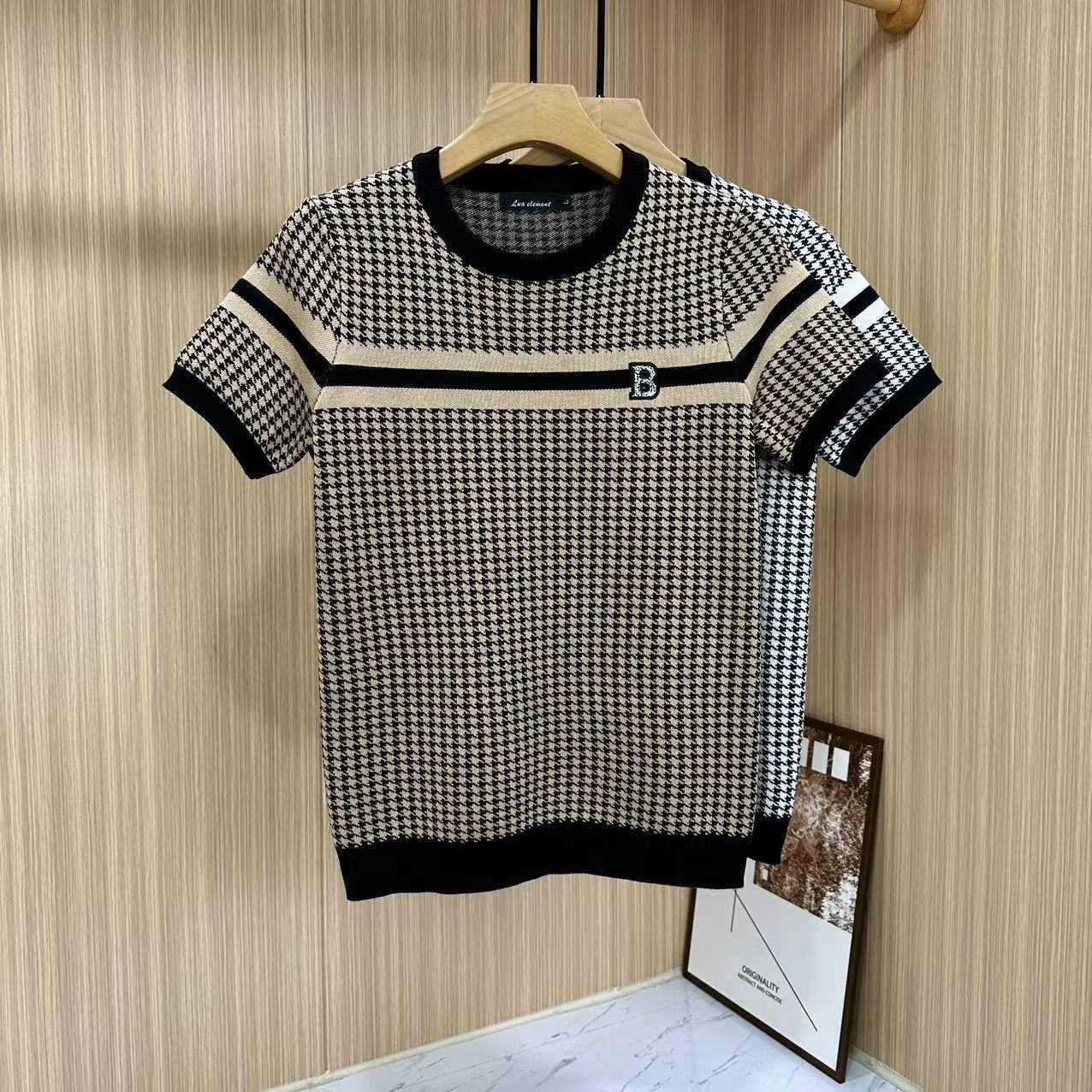 秋冬加厚圆领短袖针织衫千格鸟男装潮流刺绣青年轻奢内搭半袖小衫