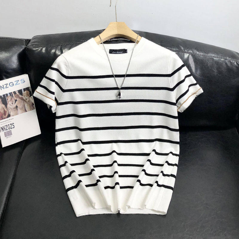 2024年夏季薄款短袖针织衫男条纹t恤修身时尚百搭透气青年半袖潮