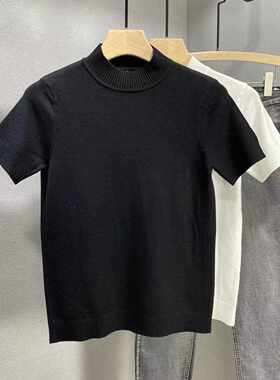秋款男士半高领针织短袖韩版修身纯色半袖T恤潮男紧身中领打底衫