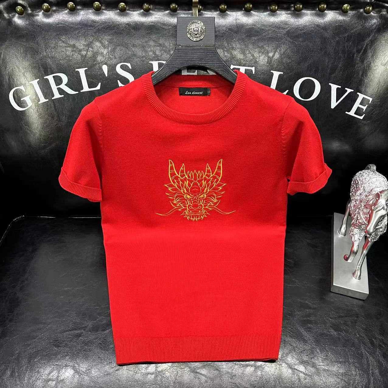 本命年红色针织衫短袖毛衣男2024新款情侣秋冬龙年感刺绣半袖