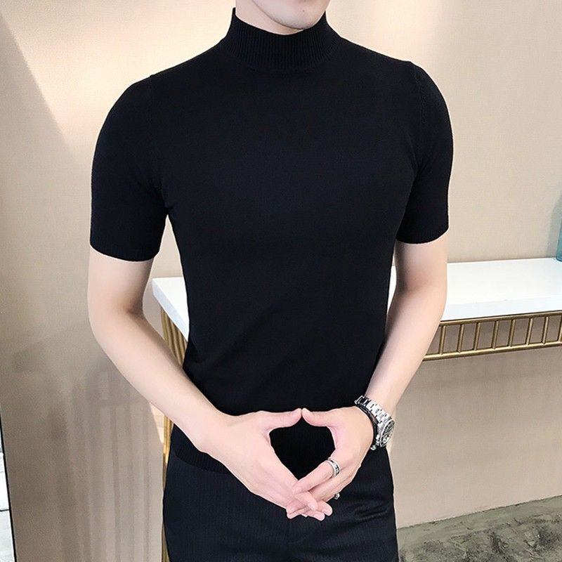 男士毛衣半高领春秋内搭短袖针织衫男紧身中领纯色线衣修身打底衫