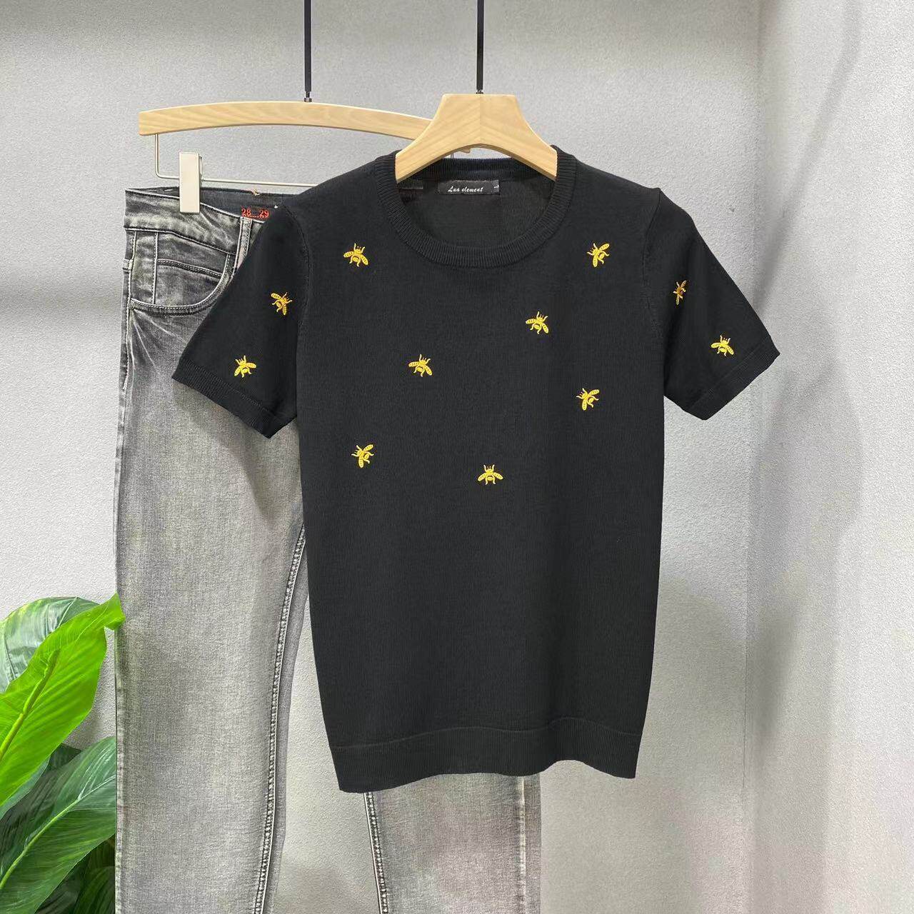 新品刺绣短袖毛衣男针织衫半截袖毛衫圆领打底上衣纯色修身男大码