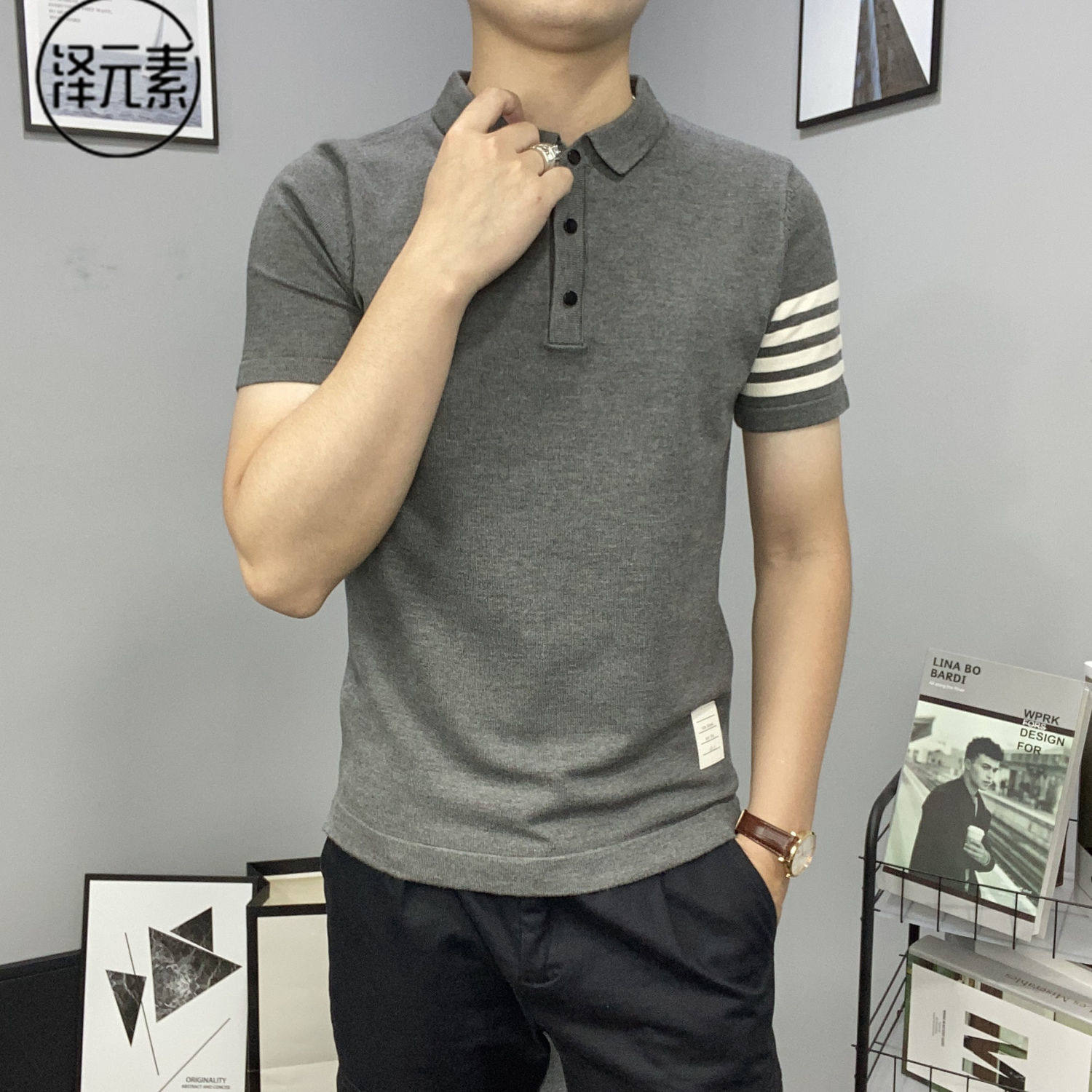 秋季新款条纹翻领短袖毛衣男韩版修身时尚社会大码薄款半袖针织衫