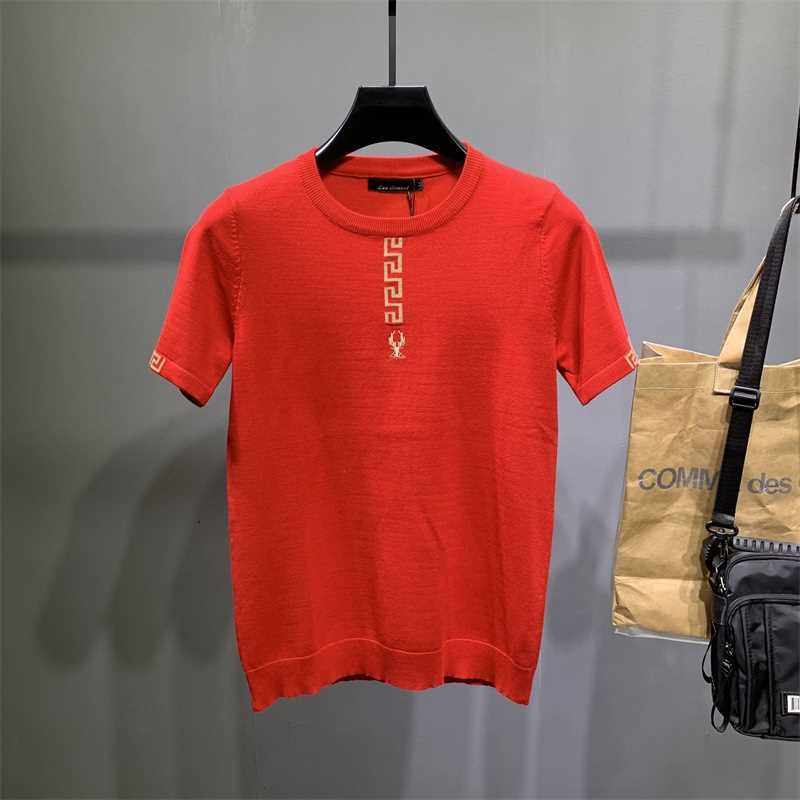 男紧身红色毛衣半袖大码绣花休闲内搭秋冬厚短袖时尚毛衫潮针织衫