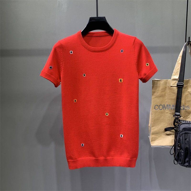 男士红色毛衣半袖冬季韩版潮流紧身针织衫潮牌短袖时尚帅气毛衫帅