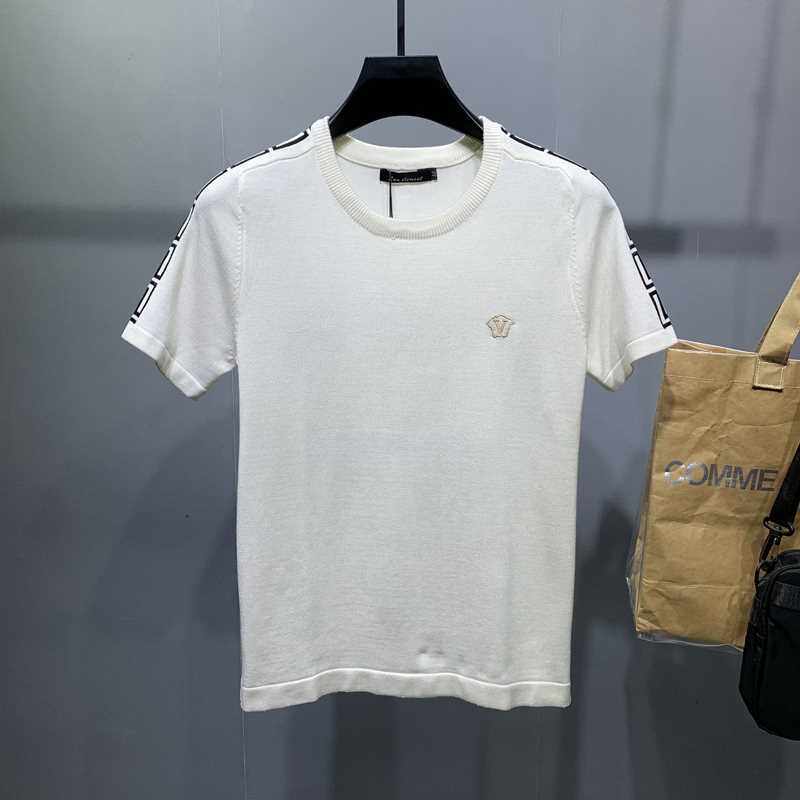 男士短袖毛衣简单字母刺绣条纹半截袖秋冬季圆领大码白色针织半袖