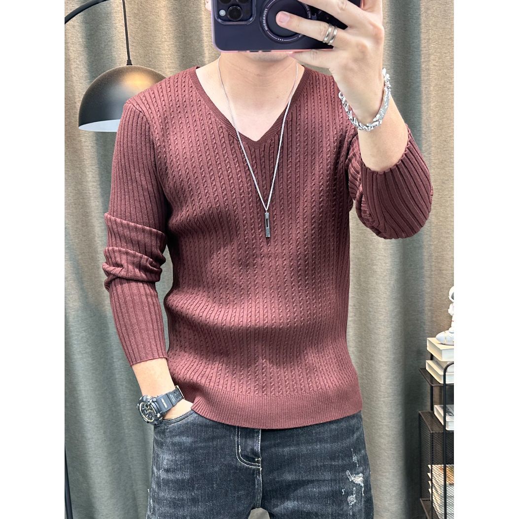 V领长袖毛衣男秋冬新款弹力修身纯色针织衫内搭打底衫毛线衣上衣