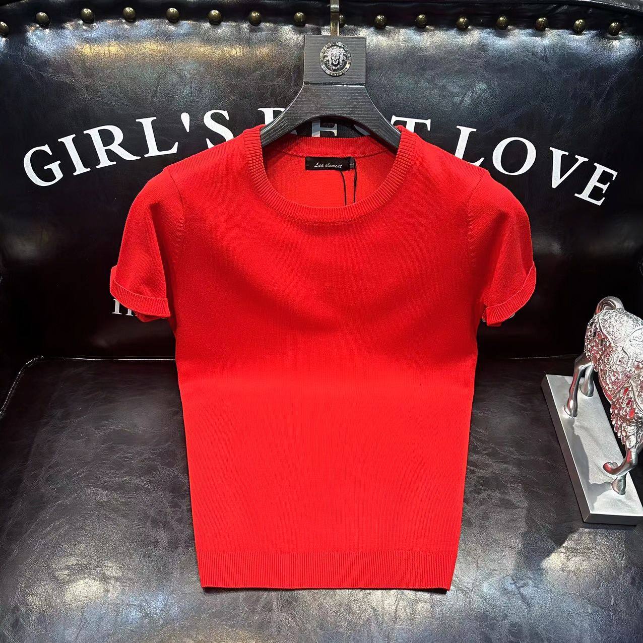 本命年红色针织短袖T恤纯色毛衣套头男士修身保暖加大码打底衫潮