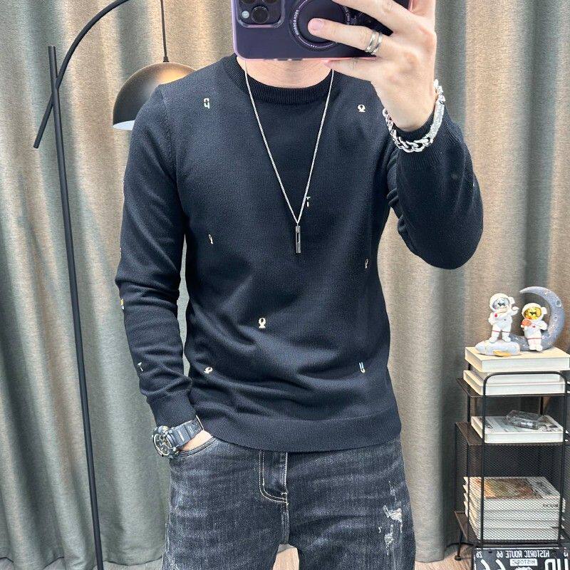 长袖针织衫男2023秋冬新款卡通刺绣圆领内搭打底衫毛线衣修身上衣