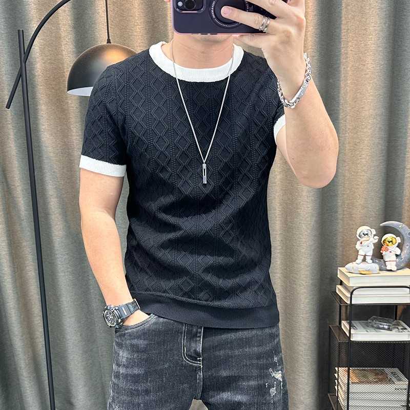 短袖毛衣男秋冬新款弹力紧身半袖针织衫圆领内搭半截袖打底衫上衣