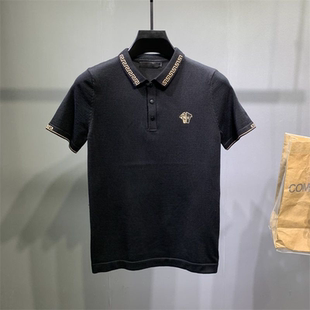 男士修身字母刺绣针织polo衫秋冬季大码翻领短袖毛衣时尚半袖毛衫