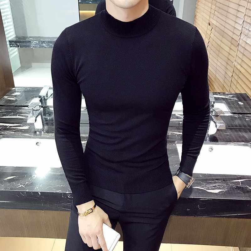 男士毛衣半高领春秋内搭短袖针织衫男紧身中领纯色线衣修身打底衫