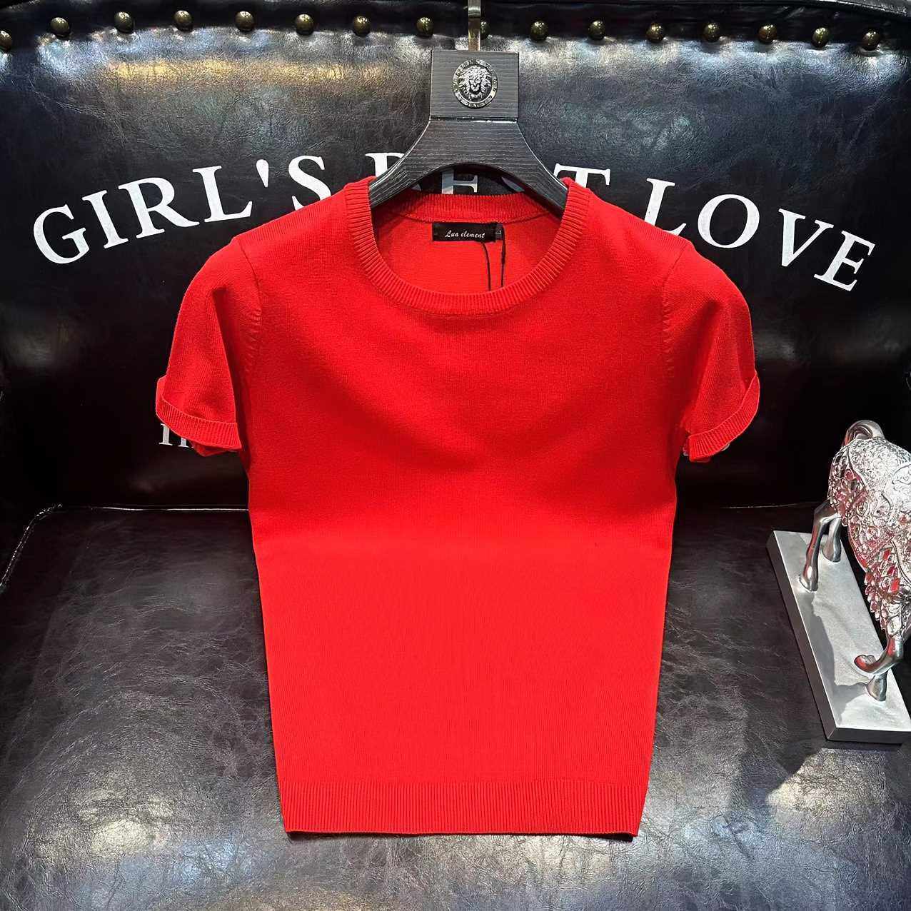 本命年红色针织短袖T恤纯色毛衣套头男士修身保暖加大码打底衫潮