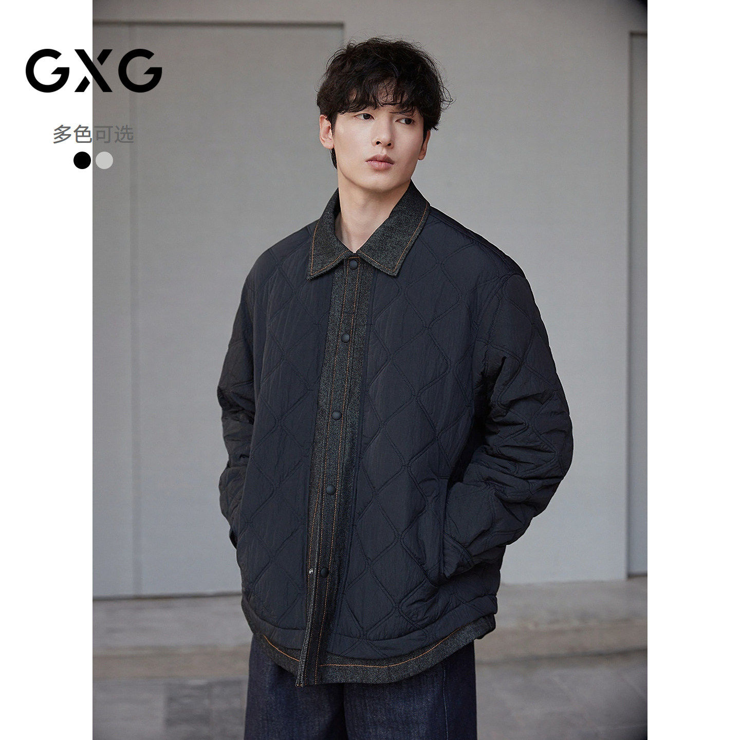 GXG男装 绗缝葫芦纹牛仔拼接假两件棉服夹克外套 25年冬季新品