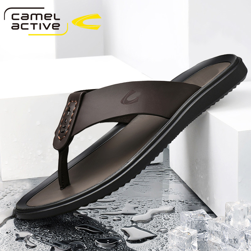 德国骆驼动感拖鞋男夏季外穿真皮室外专用男士软底高级感人字拖男