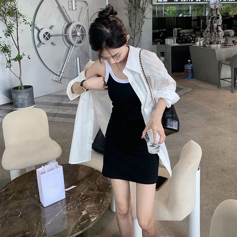 黑色吊带收腰连衣裙子女2024夏天穿搭一整套小香风chic甜辣裙套装